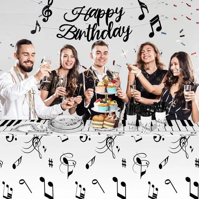 Alt view image 7 of 7 - Tioncy 171 Pieces Musical Party Supplies Disposable Musical Notes Tableware Set Serves 24 with Plates Napkins Cups Banner Plastic Musical Tablecloths for Music Themed Birthday Party Decorations