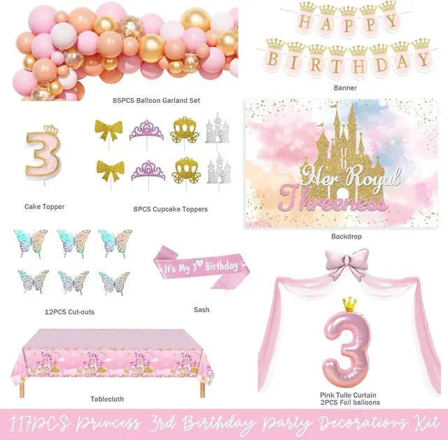 Alt view image 2 of 6 - Costova Princess 3rd Birthday Party Decorations, 117 PCs - Her Royal Threeness Birthday Party Supplies with Once Upon a Time Backdrop, Balloon Garland, Pink Tulle Curtain, Tablecloth, Sash