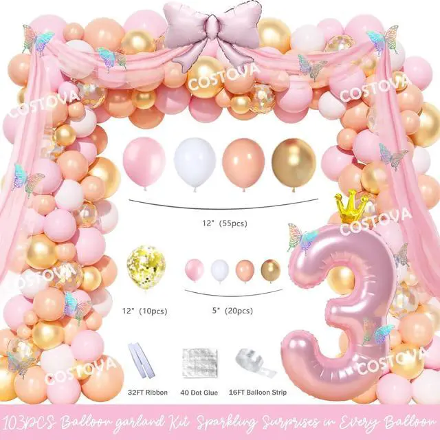 Alt view image 3 of 6 - Costova Princess 3rd Birthday Party Decorations, 117 PCs - Her Royal Threeness Birthday Party Supplies with Once Upon a Time Backdrop, Balloon Garland, Pink Tulle Curtain, Tablecloth, Sash