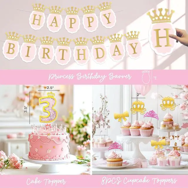 Alt view image 4 of 6 - Costova Princess 3rd Birthday Party Decorations, 117 PCs - Her Royal Threeness Birthday Party Supplies with Once Upon a Time Backdrop, Balloon Garland, Pink Tulle Curtain, Tablecloth, Sash