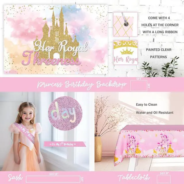 Alt view image 5 of 6 - Costova Princess 3rd Birthday Party Decorations, 117 PCs - Her Royal Threeness Birthday Party Supplies with Once Upon a Time Backdrop, Balloon Garland, Pink Tulle Curtain, Tablecloth, Sash