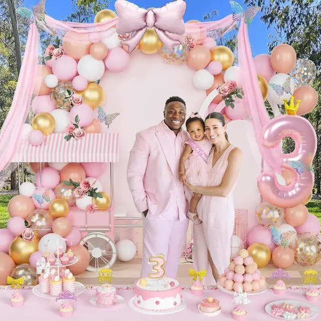 Alt view image 6 of 6 - Costova Princess 3rd Birthday Party Decorations, 117 PCs - Her Royal Threeness Birthday Party Supplies with Once Upon a Time Backdrop, Balloon Garland, Pink Tulle Curtain, Tablecloth, Sash