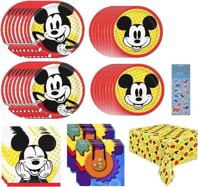 Main image of Mickey Mouse Birthday Party Supplies Decoration Bundle includes 16 Dessert Cake Paper Plates 7", 16 Lunch Dinner Plates 9", 32 Napkins, 1 Table Cover (Bundle for 16)