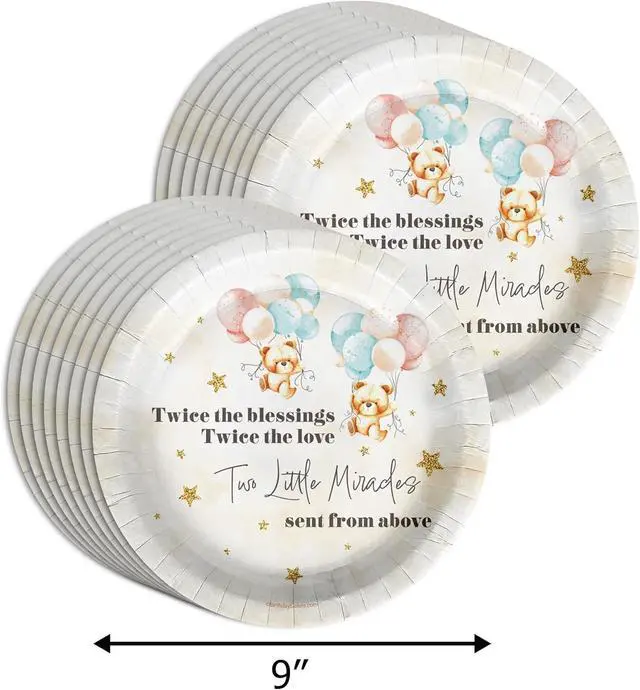 Alt view image 2 of 7 - Birthday Galore Twin Teddy Bears Party Supplies - 64 Piece Twins Baby Shower Tableware Set Includes Large 9" Dinner Plates and 8" Dessert Paper Plates Napkins Cups - Kit for 16