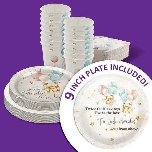 Alt view image 3 of 7 - Birthday Galore Twin Teddy Bears Party Supplies - 64 Piece Twins Baby Shower Tableware Set Includes Large 9" Dinner Plates and 8" Dessert Paper Plates Napkins Cups - Kit for 16