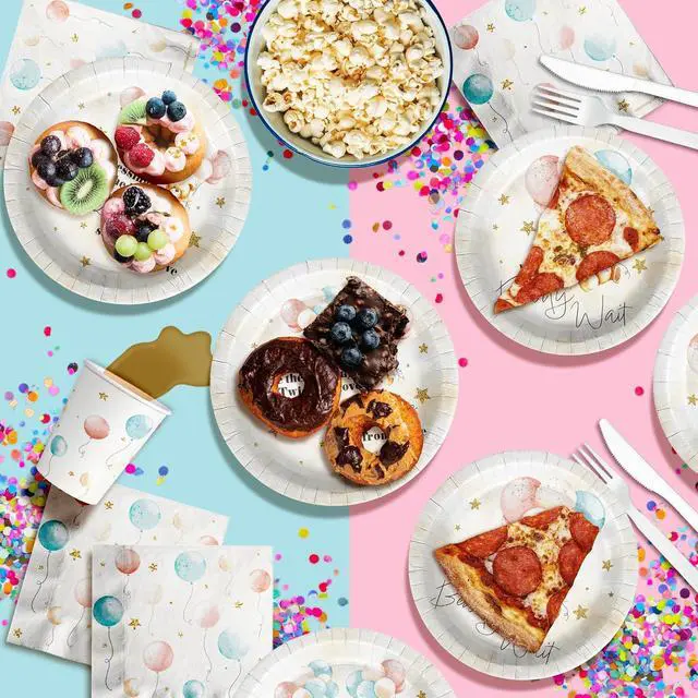 Alt view image 7 of 7 - Birthday Galore Twin Teddy Bears Party Supplies - 64 Piece Twins Baby Shower Tableware Set Includes Large 9" Dinner Plates and 8" Dessert Paper Plates Napkins Cups - Kit for 16