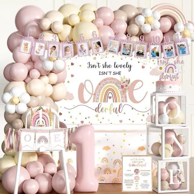 Main image of Hombae Isn't She Lovely Isn't She Onederful First Birthday Decorations, 147 PCs Onederful 1st Party Supplies with Boho Rainbow Backdrop, Balloon Garland, Cake Topper, Daisy Foil Balloons