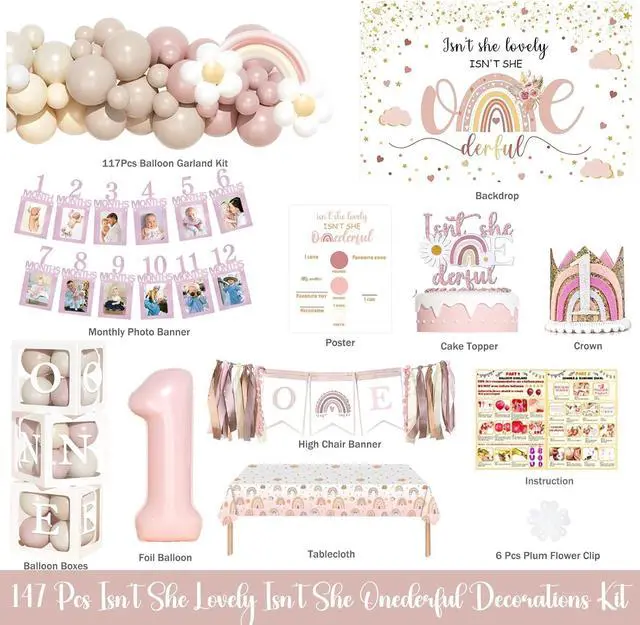 Alt view image 2 of 6 - Hombae Isn't She Lovely Isn't She Onederful First Birthday Decorations, 147 PCs Onederful 1st Party Supplies with Boho Rainbow Backdrop, Balloon Garland, Cake Topper, Daisy Foil Balloons