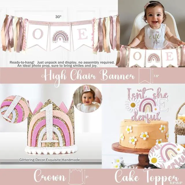 Alt view image 4 of 6 - Hombae Isn't She Lovely Isn't She Onederful First Birthday Decorations, 147 PCs Onederful 1st Party Supplies with Boho Rainbow Backdrop, Balloon Garland, Cake Topper, Daisy Foil Balloons