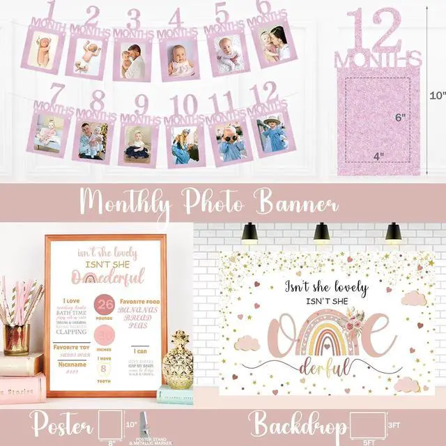 Alt view image 5 of 6 - Hombae Isn't She Lovely Isn't She Onederful First Birthday Decorations, 147 PCs Onederful 1st Party Supplies with Boho Rainbow Backdrop, Balloon Garland, Cake Topper, Daisy Foil Balloons