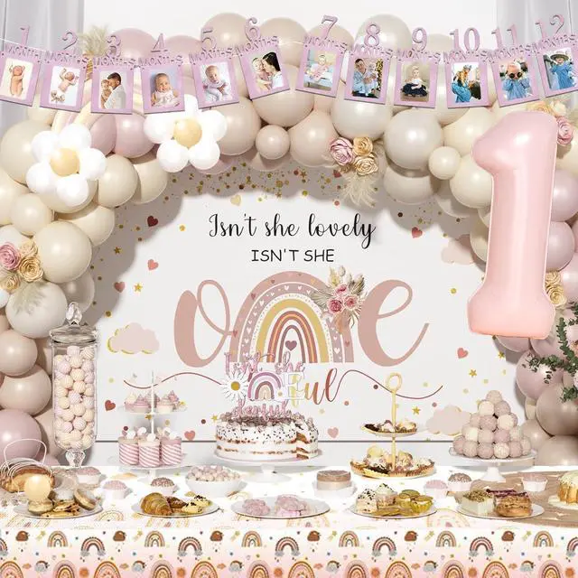 Alt view image 6 of 6 - Hombae Isn't She Lovely Isn't She Onederful First Birthday Decorations, 147 PCs Onederful 1st Party Supplies with Boho Rainbow Backdrop, Balloon Garland, Cake Topper, Daisy Foil Balloons