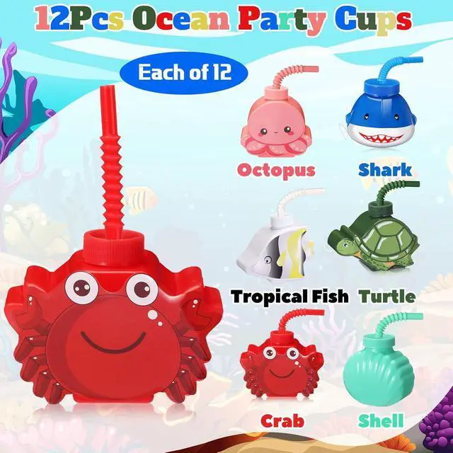 Alt view image 2 of 6 - Tanlade Under the Sea Party Plastic Cups 10 oz Ocean Sea Shark Seashell Crab Turtle Fish Octopus Cups with Straw Lids for Ocean Themed Beach Birthday Party Supplies(12 Pcs)