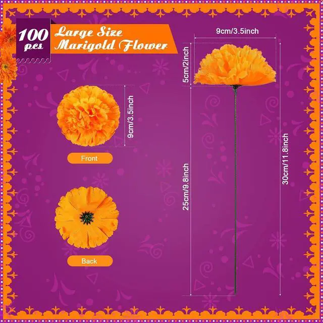 Alt view image 2 of 7 - Geosar 118 Pcs Mexican Party Decorations Include Marigold Flowers Dia De Los Muertos Banner for Day of The Dead Cinco De Mayo Mexican Fiesta Party Diwali Supplies (Orange)