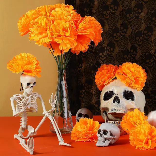 Alt view image 4 of 7 - Geosar 118 Pcs Mexican Party Decorations Include Marigold Flowers Dia De Los Muertos Banner for Day of The Dead Cinco De Mayo Mexican Fiesta Party Diwali Supplies (Orange)