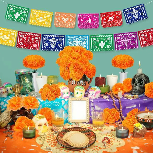Alt view image 5 of 7 - Geosar 118 Pcs Mexican Party Decorations Include Marigold Flowers Dia De Los Muertos Banner for Day of The Dead Cinco De Mayo Mexican Fiesta Party Diwali Supplies (Orange)