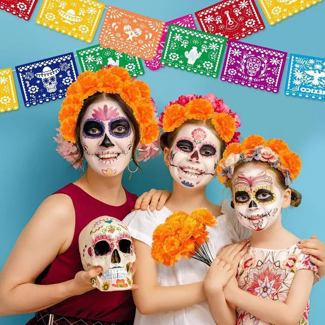 Alt view image 6 of 7 - Geosar 118 Pcs Mexican Party Decorations Include Marigold Flowers Dia De Los Muertos Banner for Day of The Dead Cinco De Mayo Mexican Fiesta Party Diwali Supplies (Orange)