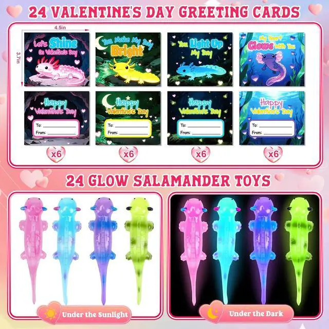Alt view image 2 of 7 - AuroTops Valentines Day Gifts for Kids,24 Pack Glow in The Dark Axolotl Toys with Valentines Day Cards for Kids School Classroom Exchange Gifts for Boys Girls Fidget Toys Bulk Kids Party Favors
