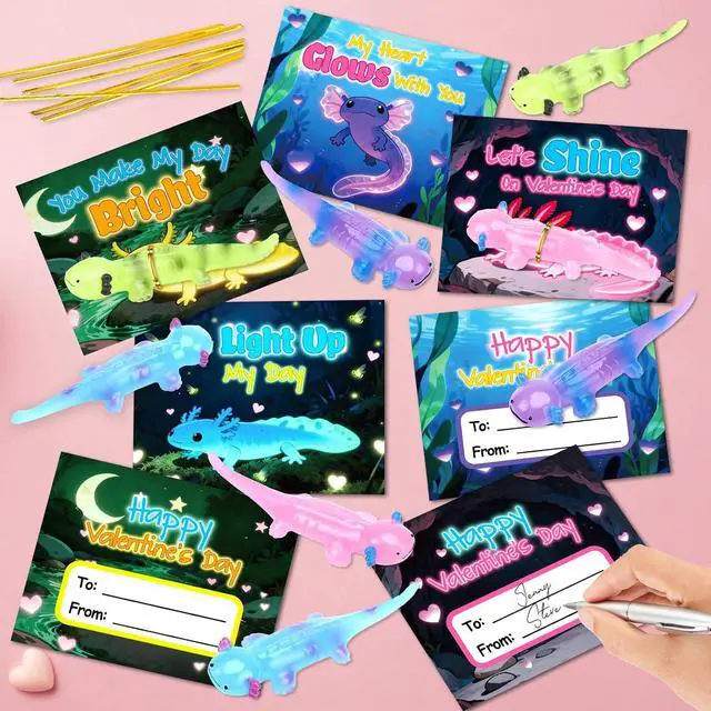 Alt view image 4 of 7 - AuroTops Valentines Day Gifts for Kids,24 Pack Glow in The Dark Axolotl Toys with Valentines Day Cards for Kids School Classroom Exchange Gifts for Boys Girls Fidget Toys Bulk Kids Party Favors