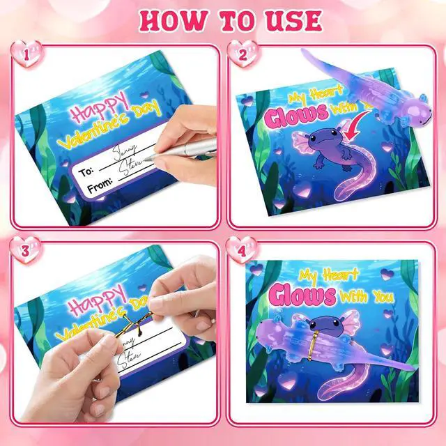 Alt view image 3 of 7 - AuroTops Valentines Day Gifts for Kids,24 Pack Glow in The Dark Axolotl Toys with Valentines Day Cards for Kids School Classroom Exchange Gifts for Boys Girls Fidget Toys Bulk Kids Party Favors