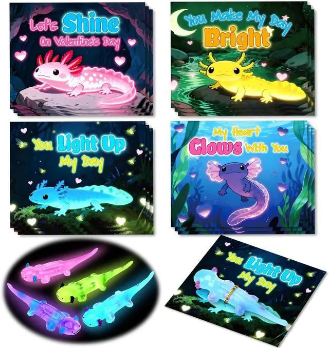 Main image of AuroTops Valentines Day Gifts for Kids,24 Pack Glow in The Dark Axolotl Toys with Valentines Day Cards for Kids School Classroom Exchange Gifts for Boys Girls Fidget Toys Bulk Kids Party Favors