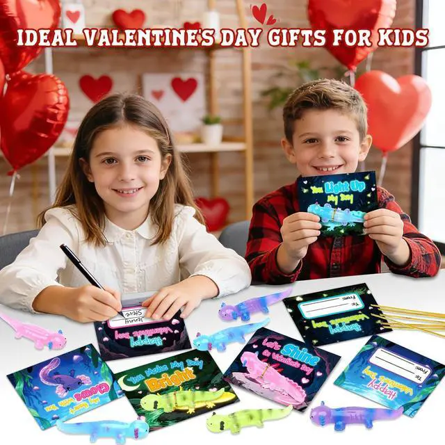 Alt view image 6 of 7 - AuroTops Valentines Day Gifts for Kids,24 Pack Glow in The Dark Axolotl Toys with Valentines Day Cards for Kids School Classroom Exchange Gifts for Boys Girls Fidget Toys Bulk Kids Party Favors