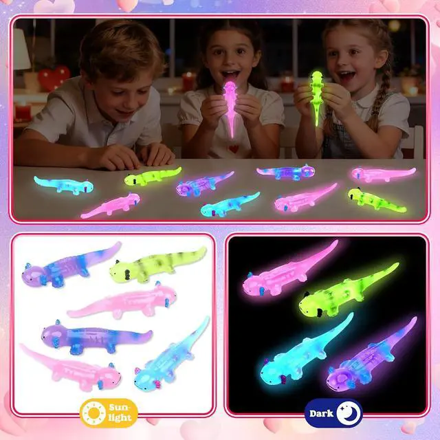Alt view image 7 of 7 - AuroTops Valentines Day Gifts for Kids,24 Pack Glow in The Dark Axolotl Toys with Valentines Day Cards for Kids School Classroom Exchange Gifts for Boys Girls Fidget Toys Bulk Kids Party Favors