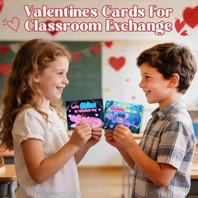 Alt view image 5 of 7 - AuroTops Valentines Day Gifts for Kids,24 Pack Glow in The Dark Axolotl Toys with Valentines Day Cards for Kids School Classroom Exchange Gifts for Boys Girls Fidget Toys Bulk Kids Party Favors