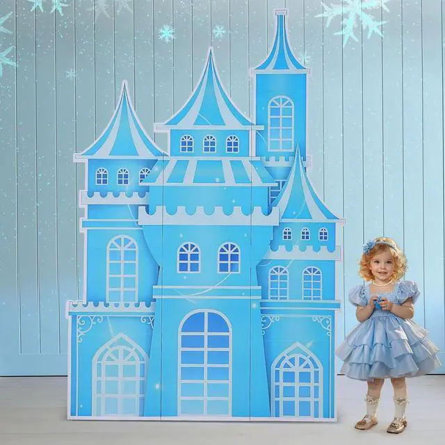 Main image of EARTHSON 5.2 Ft Tall Cardboard Castle Large Ice Princess Castle Winter Snowflake Party Decorations Blue Castle Fort Backdrop