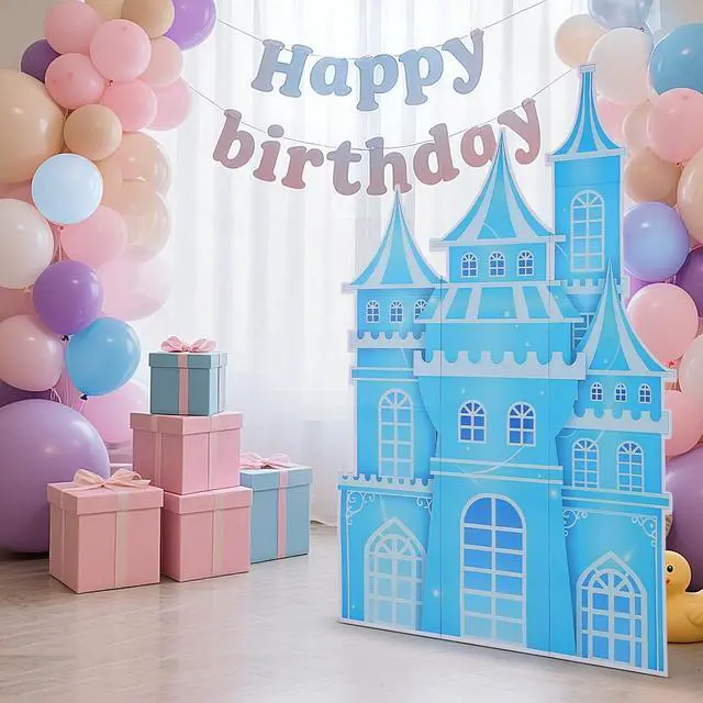 Alt view image 5 of 7 - EARTHSON 5.2 Ft Tall Cardboard Castle Large Ice Princess Castle Winter Snowflake Party Decorations Blue Castle Fort Backdrop