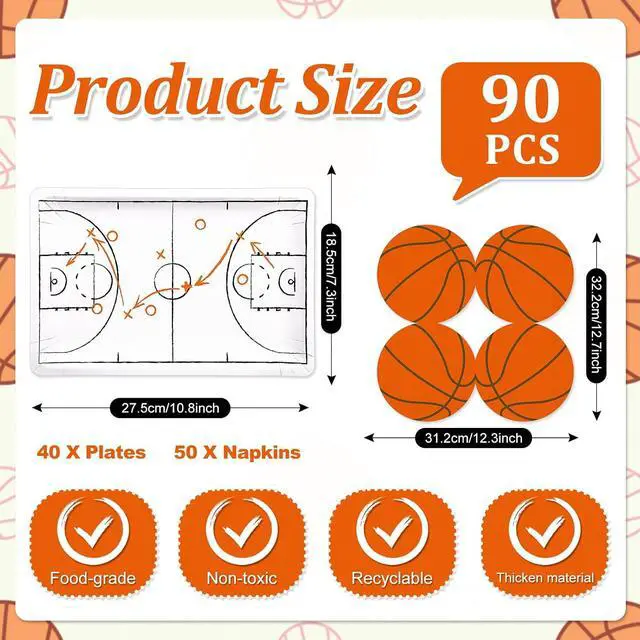 Alt view image 2 of 7 - Whaline 90Pcs Basketball Plates Napkin Set Basketball Court Paper Plates Orange Sport Ball Disposable Napkins for Sport Birthday Tableware Supplies, Serves 40