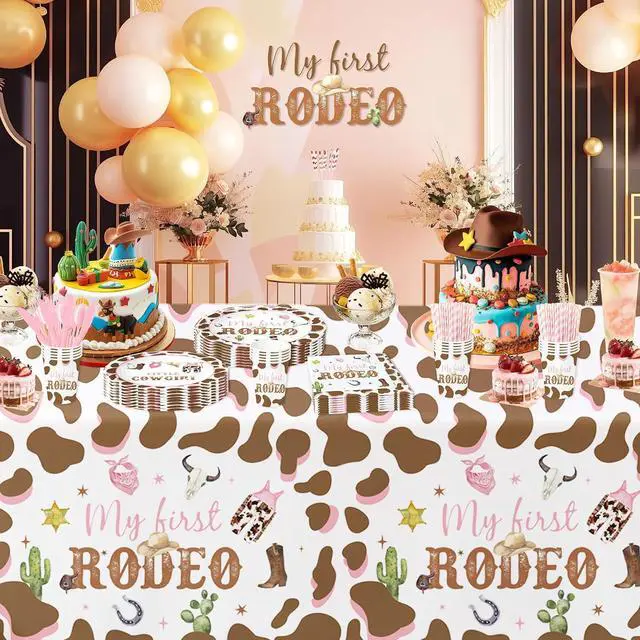 Alt view image 6 of 7 - My First Rodeo Party Supplies Girl Tablecloth - Western Cowgirl 1st Birthday Decorations Table Cover, Wild West One-Year-Old Birthday Supplies Table Cloth - 3 Pcs(54in x 108in)