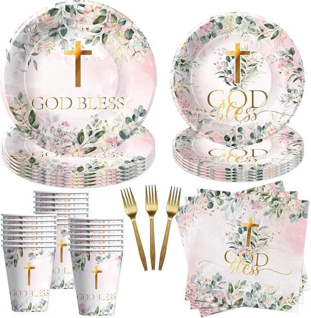 Main image of God Bless Baptism Decorations Tableware Girl - First Communion Decorations Supplies, Plate, Cup, Napkin, Fork, Baptism Plates And Napkins Set For Christening Baby Shower Religious | Serve 24