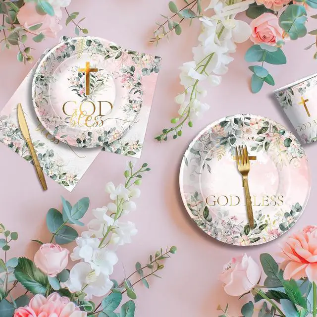 Alt view image 3 of 7 - God Bless Baptism Decorations Tableware Girl - First Communion Decorations Supplies, Plate, Cup, Napkin, Fork, Baptism Plates And Napkins Set For Christening Baby Shower Religious | Serve 24