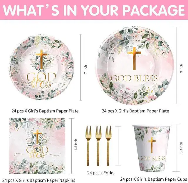 Alt view image 2 of 7 - God Bless Baptism Decorations Tableware Girl - First Communion Decorations Supplies, Plate, Cup, Napkin, Fork, Baptism Plates And Napkins Set For Christening Baby Shower Religious | Serve 24