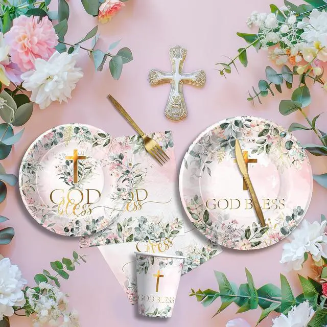 Alt view image 4 of 7 - God Bless Baptism Decorations Tableware Girl - First Communion Decorations Supplies, Plate, Cup, Napkin, Fork, Baptism Plates And Napkins Set For Christening Baby Shower Religious | Serve 24