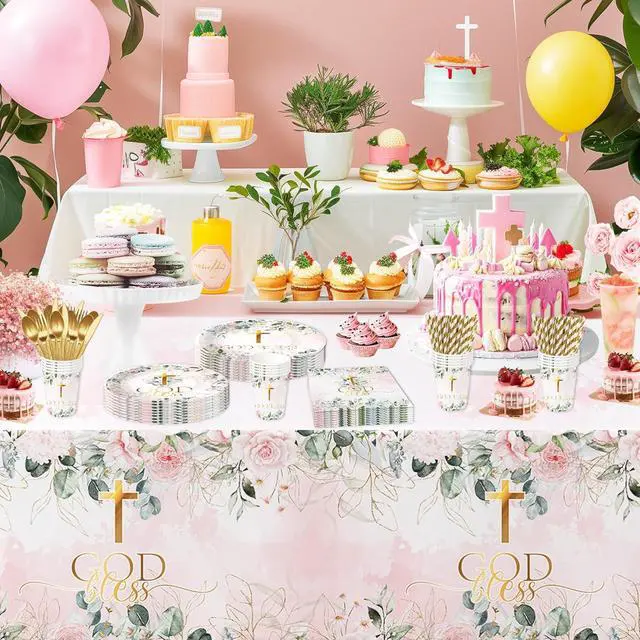 Alt view image 5 of 7 - God Bless Baptism Decorations Tableware Girl - First Communion Decorations Supplies, Plate, Cup, Napkin, Fork, Baptism Plates And Napkins Set For Christening Baby Shower Religious | Serve 24