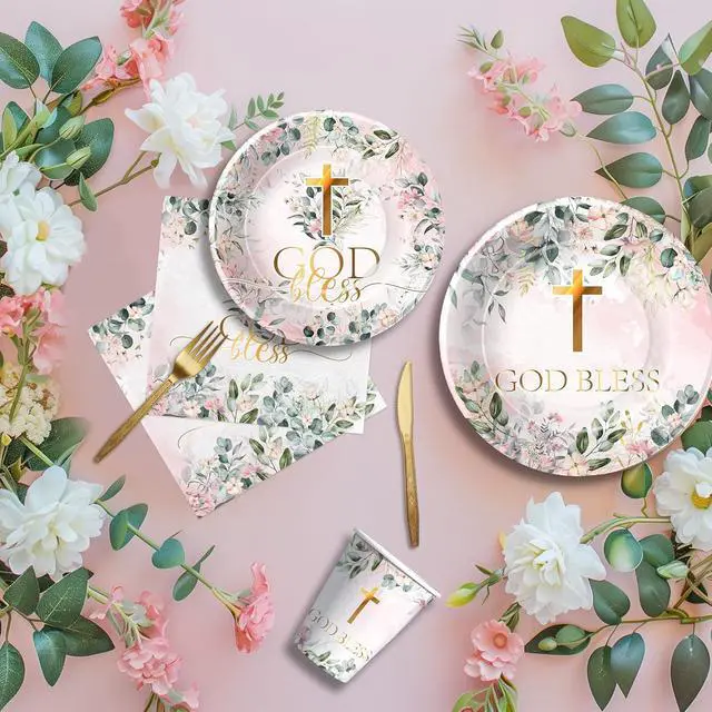 Alt view image 6 of 7 - God Bless Baptism Decorations Tableware Girl - First Communion Decorations Supplies, Plate, Cup, Napkin, Fork, Baptism Plates And Napkins Set For Christening Baby Shower Religious | Serve 24