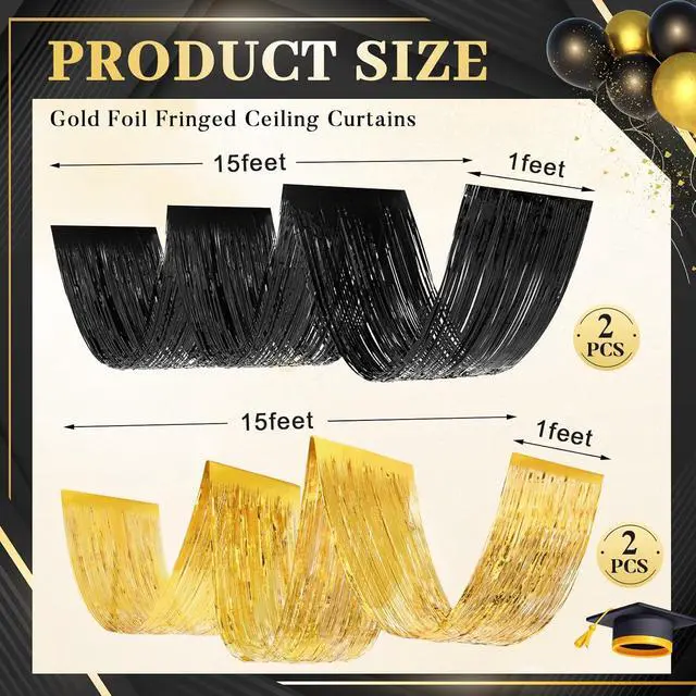 Alt view image 2 of 6 - Breling 4 Pcs 15ft Gold and Black Metallic Foil Ceiling Fringe Curtains, Graduation Party Decor, Fringe Drapes for Wedding Birthday Bachelorette Bridal Shower, Photo Backdrop for Class of 2026