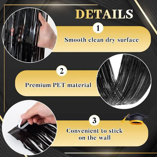 Alt view image 3 of 6 - Breling 4 Pcs 15ft Gold and Black Metallic Foil Ceiling Fringe Curtains, Graduation Party Decor, Fringe Drapes for Wedding Birthday Bachelorette Bridal Shower, Photo Backdrop for Class of 2026