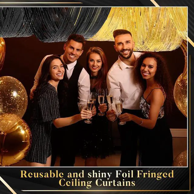 Alt view image 4 of 6 - Breling 4 Pcs 15ft Gold and Black Metallic Foil Ceiling Fringe Curtains, Graduation Party Decor, Fringe Drapes for Wedding Birthday Bachelorette Bridal Shower, Photo Backdrop for Class of 2026