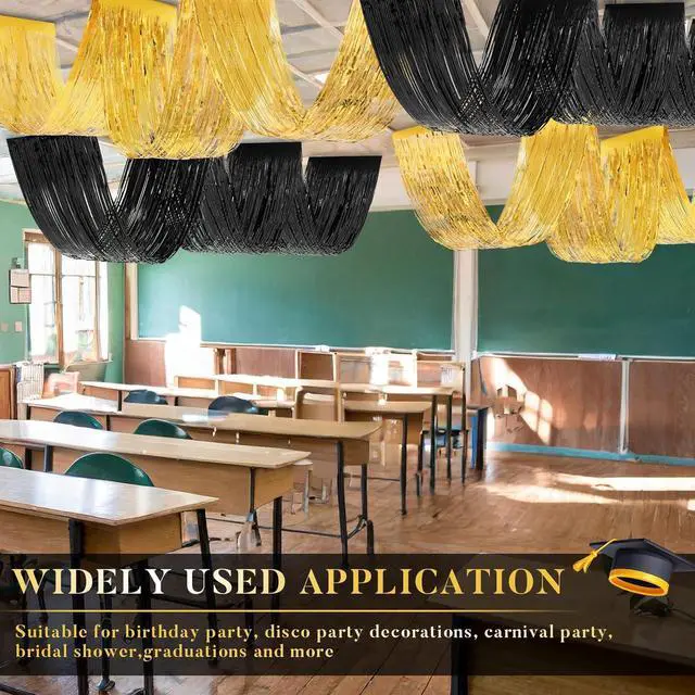Alt view image 6 of 6 - Breling 4 Pcs 15ft Gold and Black Metallic Foil Ceiling Fringe Curtains, Graduation Party Decor, Fringe Drapes for Wedding Birthday Bachelorette Bridal Shower, Photo Backdrop for Class of 2026