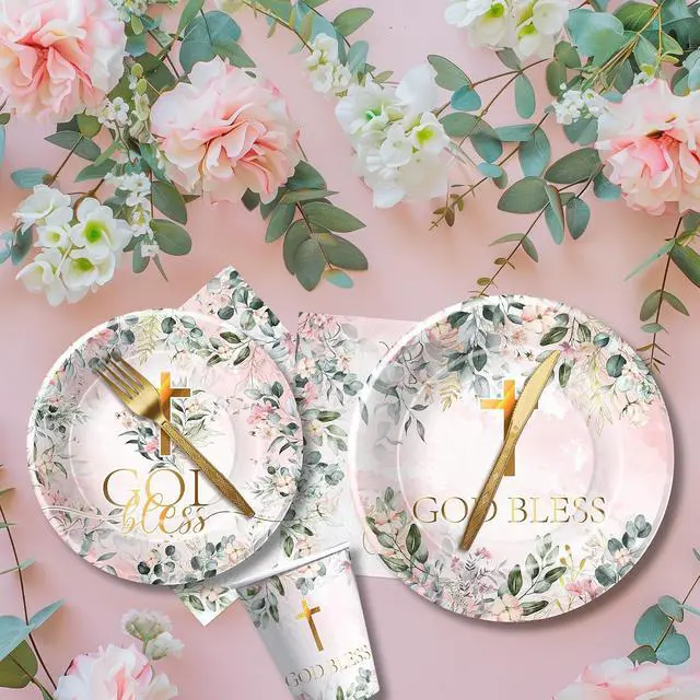 Alt view image 7 of 7 - God Bless Baptism Decorations Tableware Girl - First Communion Decorations Supplies, Plate, Cup, Napkin, Fork, Baptism Plates And Napkins Set For Christening Baby Shower Religious | Serve 24