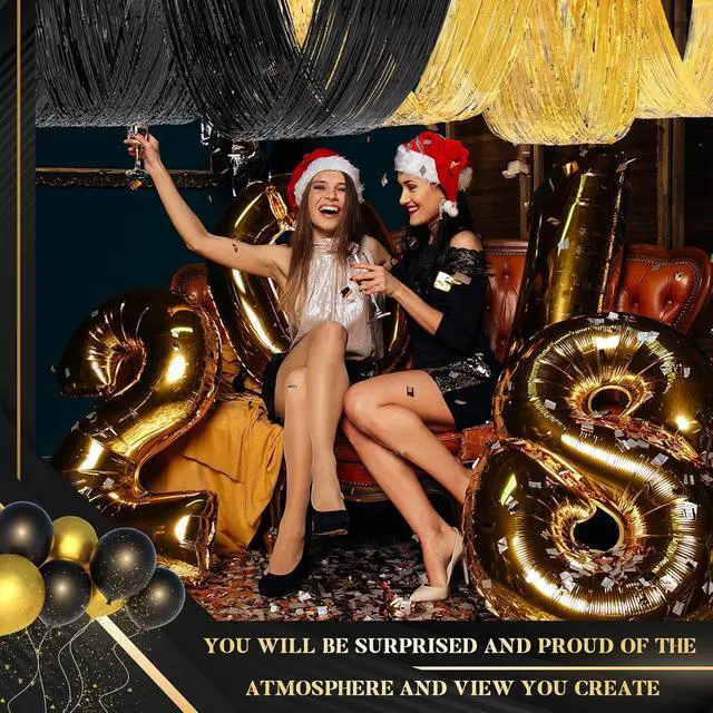 Alt view image 5 of 6 - Breling 4 Pcs 15ft Gold and Black Metallic Foil Ceiling Fringe Curtains, Graduation Party Decor, Fringe Drapes for Wedding Birthday Bachelorette Bridal Shower, Photo Backdrop for Class of 2026