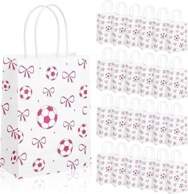 Main image of Spiareal 24 Pcs Pink Soccer Bow Paper Gift Bags with Handles, Soccer Party Favors Snack Goodies Bags for Team Sport Birthday Themed Party for Decorations, Game Celebration