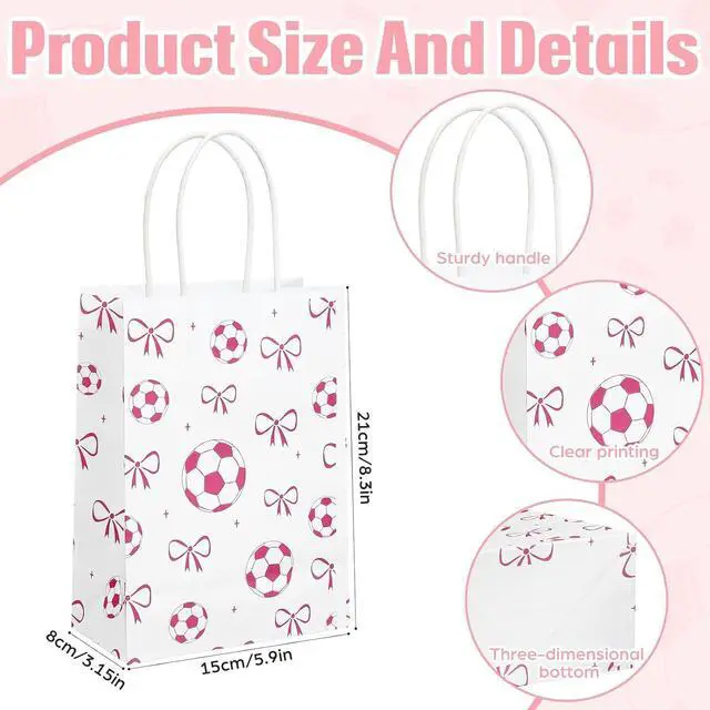 Alt view image 2 of 6 - Spiareal 24 Pcs Pink Soccer Bow Paper Gift Bags with Handles, Soccer Party Favors Snack Goodies Bags for Team Sport Birthday Themed Party for Decorations, Game Celebration