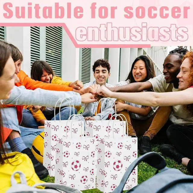 Alt view image 3 of 6 - Spiareal 24 Pcs Pink Soccer Bow Paper Gift Bags with Handles, Soccer Party Favors Snack Goodies Bags for Team Sport Birthday Themed Party for Decorations, Game Celebration