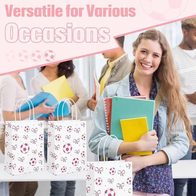 Alt view image 4 of 6 - Spiareal 24 Pcs Pink Soccer Bow Paper Gift Bags with Handles, Soccer Party Favors Snack Goodies Bags for Team Sport Birthday Themed Party for Decorations, Game Celebration