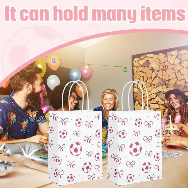 Alt view image 5 of 6 - Spiareal 24 Pcs Pink Soccer Bow Paper Gift Bags with Handles, Soccer Party Favors Snack Goodies Bags for Team Sport Birthday Themed Party for Decorations, Game Celebration