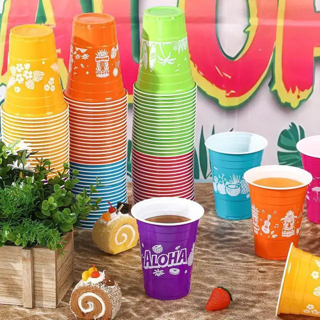 Alt view image 5 of 7 - Kochorie 60 Pieces Hawaiian Luau Cups Tiki Party Decorations Cups 16 Oz Tiki Tropical Plastic Disposable Cup Coconut Beach Decoration for Tropical Moana Birthday Supplies