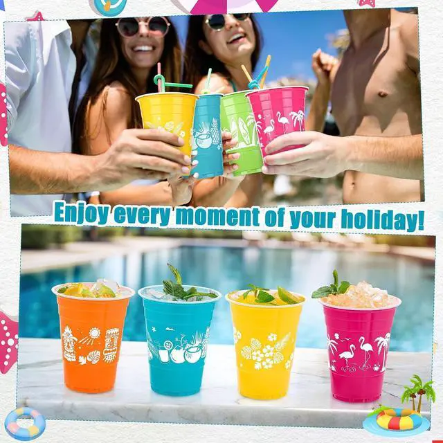 Alt view image 7 of 7 - Kochorie 60 Pieces Hawaiian Luau Cups Tiki Party Decorations Cups 16 Oz Tiki Tropical Plastic Disposable Cup Coconut Beach Decoration for Tropical Moana Birthday Supplies